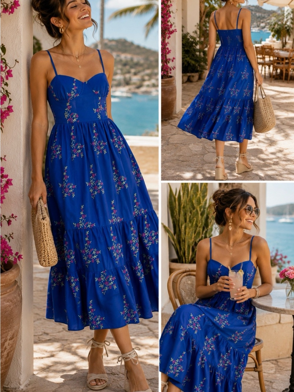 ♨️Betsey Johnson Floral Sweetheart-Bustier Embroidered Tiered Midi Dress Blue~2🧡